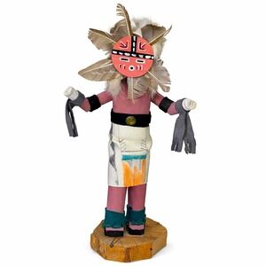 Sunface Kachina Doll Hand Painted Wood Signed Native American Style Folk Art